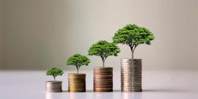 coins stacked in ascending order with trees on top of each stack. They are in front of a white background